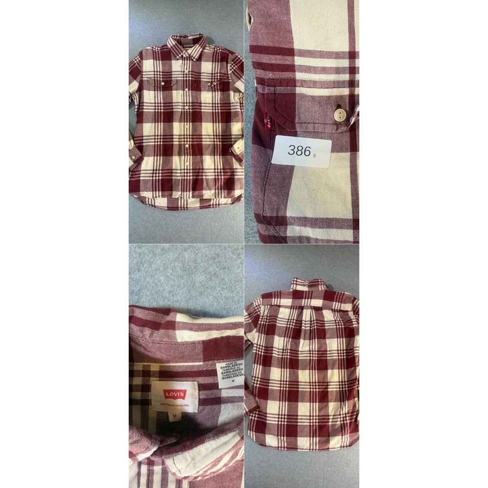 Levis Mens Medium Plaid Flannel Button Down Shirt Burgundy Cream Long Sleeve
